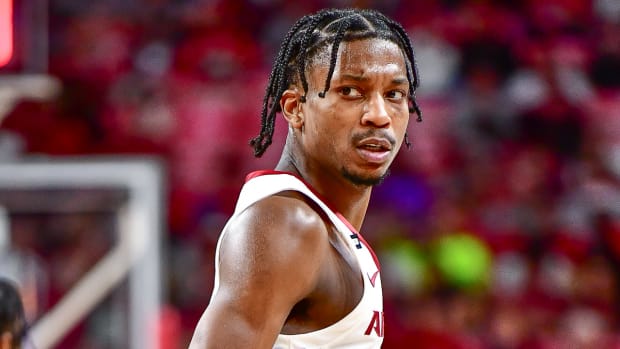 Arkansas Razorbacks' guard Tramon Mark stares down his opponent against Abilene Christian.